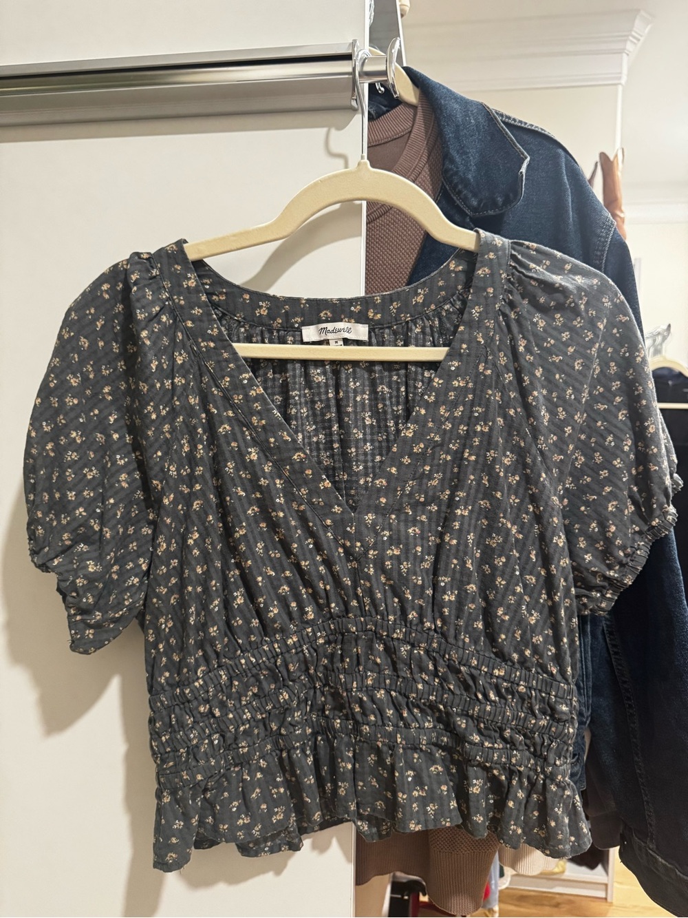 Madewell Slate Blue Floral V-Neck Blouse